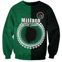 Unisex crewneck sweatshirt, green and black, front Mitiaro logo and emblem graphic