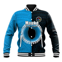 Unisex blue and black baseball jacket with striped collar, front circular tribal graphic