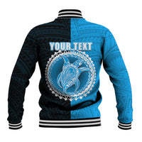 Unisex blue and black baseball jacket with striped hem and back circular graphic, YOUR TEXT