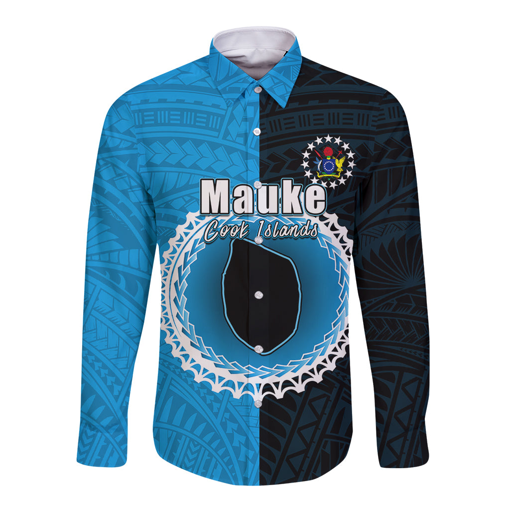 Long sleeve button shirt, blue and dark half-tone tribal graphic, button front