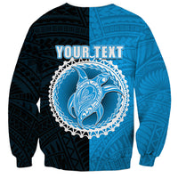 Unisex half-and-half sweatshirt in blue and dark with YOUR TEXT and circular blue crest