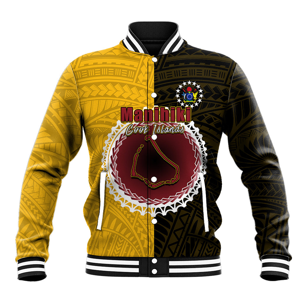 Yellow and dark baseball jacket with striped collar, button front, and front graphic