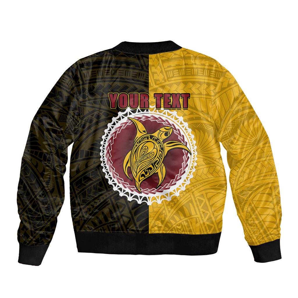 Yellow-and-black bomber jacket with ribbed hem and large circular bird graphic on back