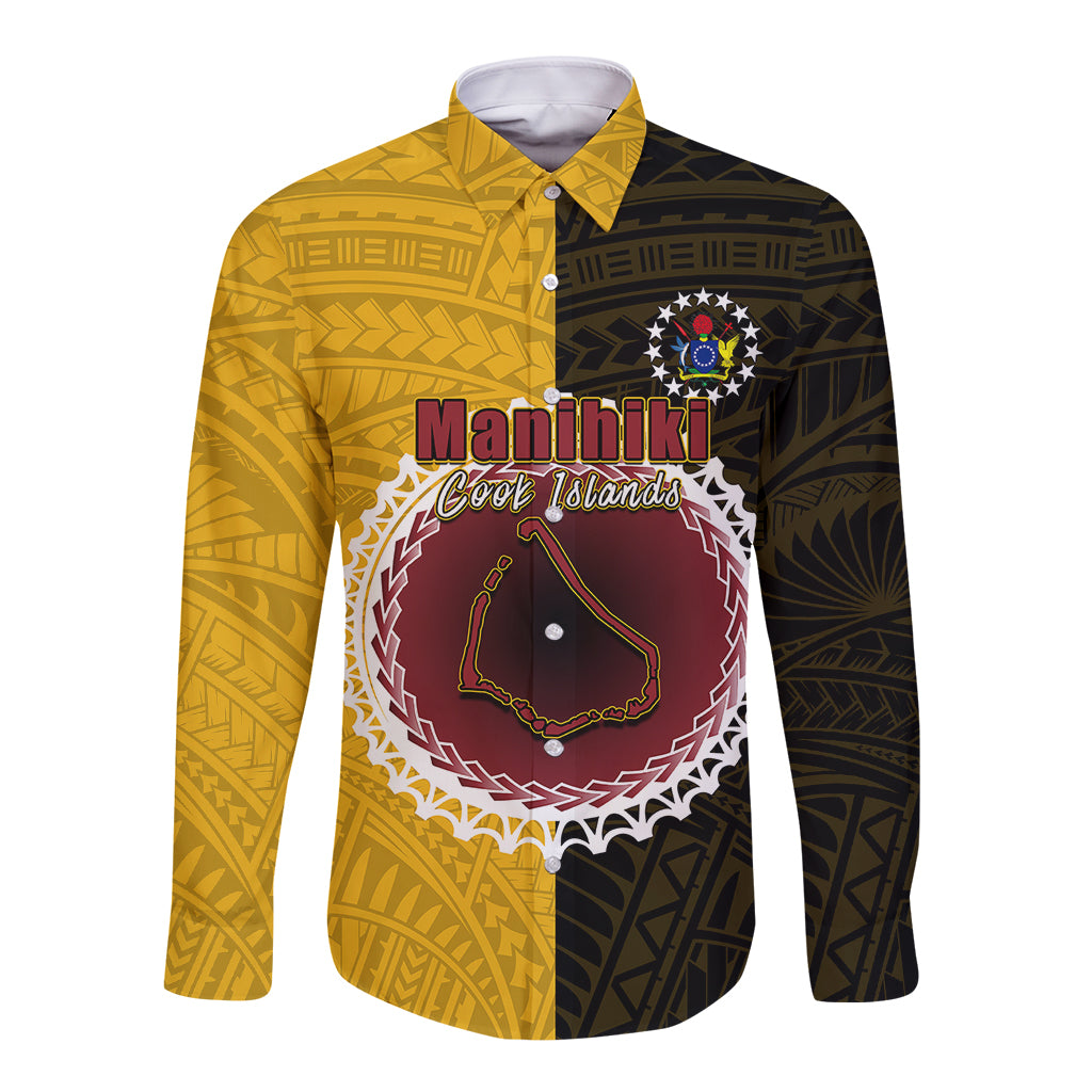 Long sleeve button shirt, half black/half yellow with circular island graphic