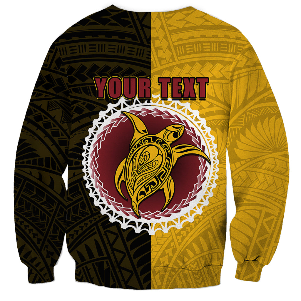 Unisex half-and-half sweatshirt, yellow/black with "YOUR TEXT" crest graphic