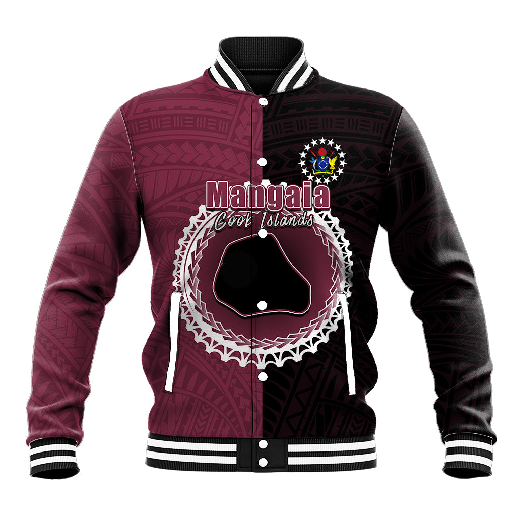 Maroon/black baseball jacket with button front, striped collar, and front graphic