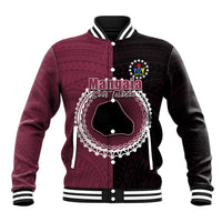 Maroon/black baseball jacket with button front, striped collar, and front graphic