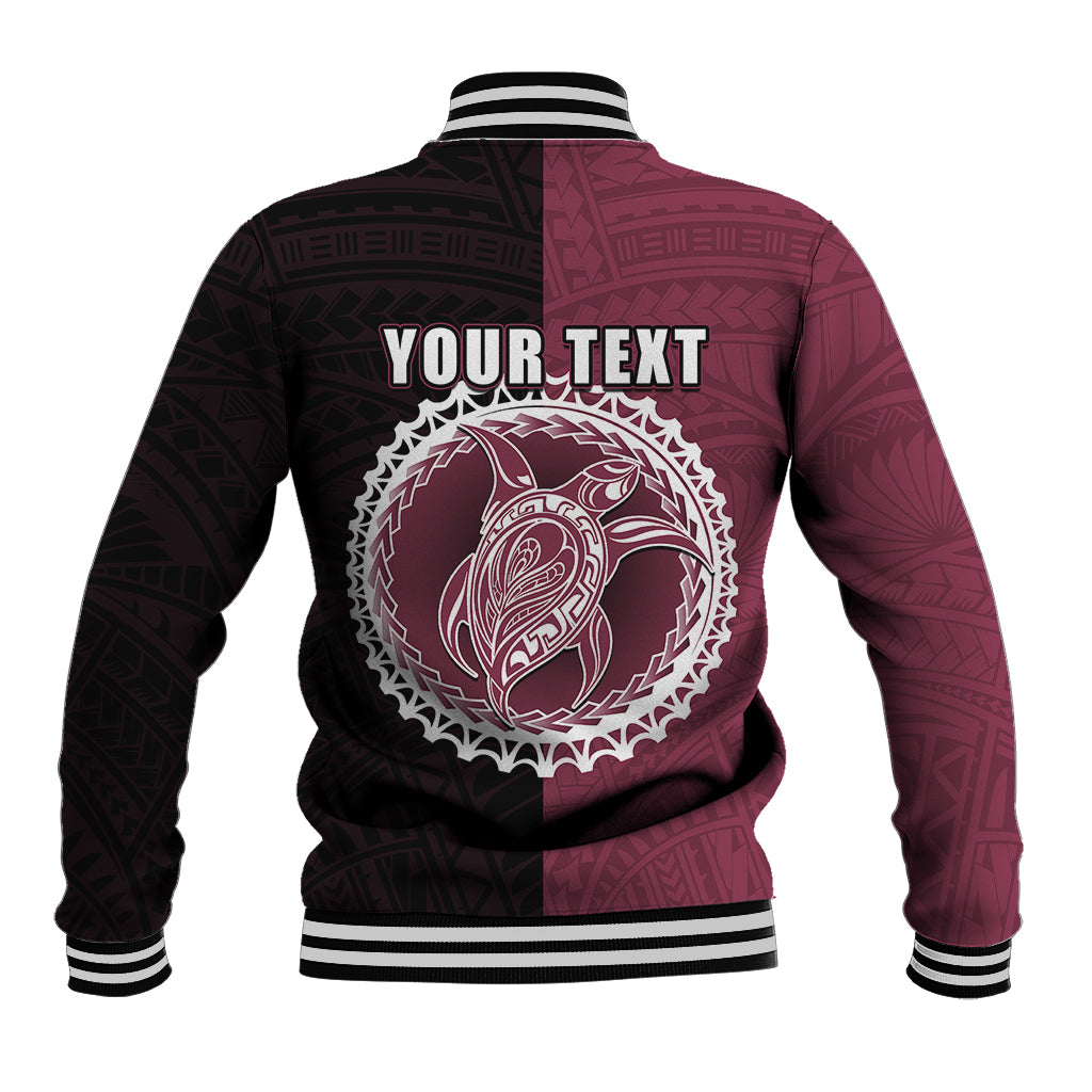 Back of maroon/black baseball jacket with striped hem, and circular graphic with YOUR TEXT