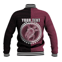 Back of maroon/black baseball jacket with striped hem, and circular graphic with YOUR TEXT