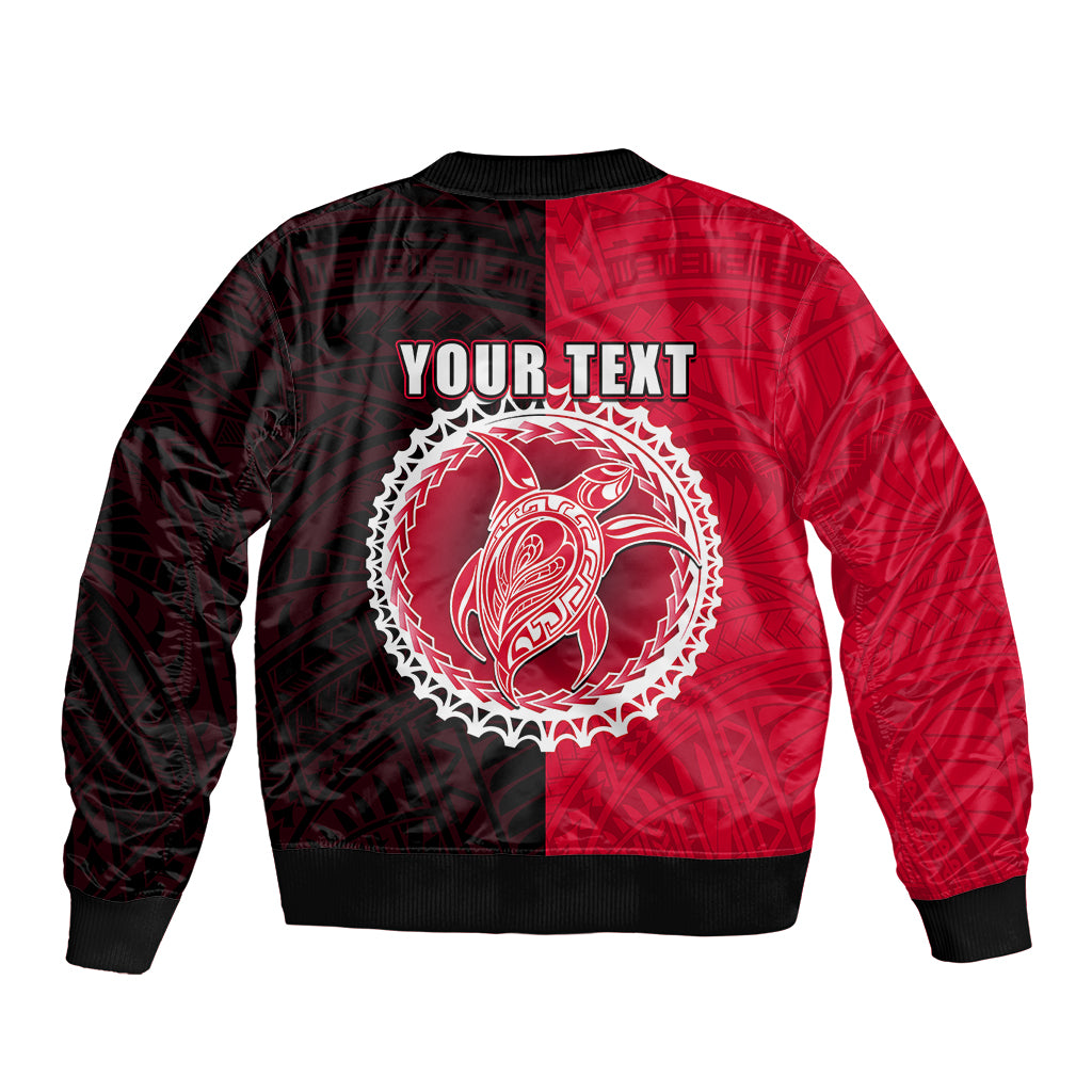 Red and black unisex bomber jacket back view with circular crest and 'YOUR TEXT' graphic