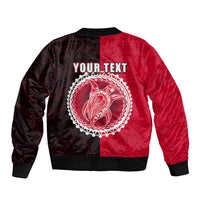 Red and black unisex bomber jacket back view with circular crest and 'YOUR TEXT' graphic