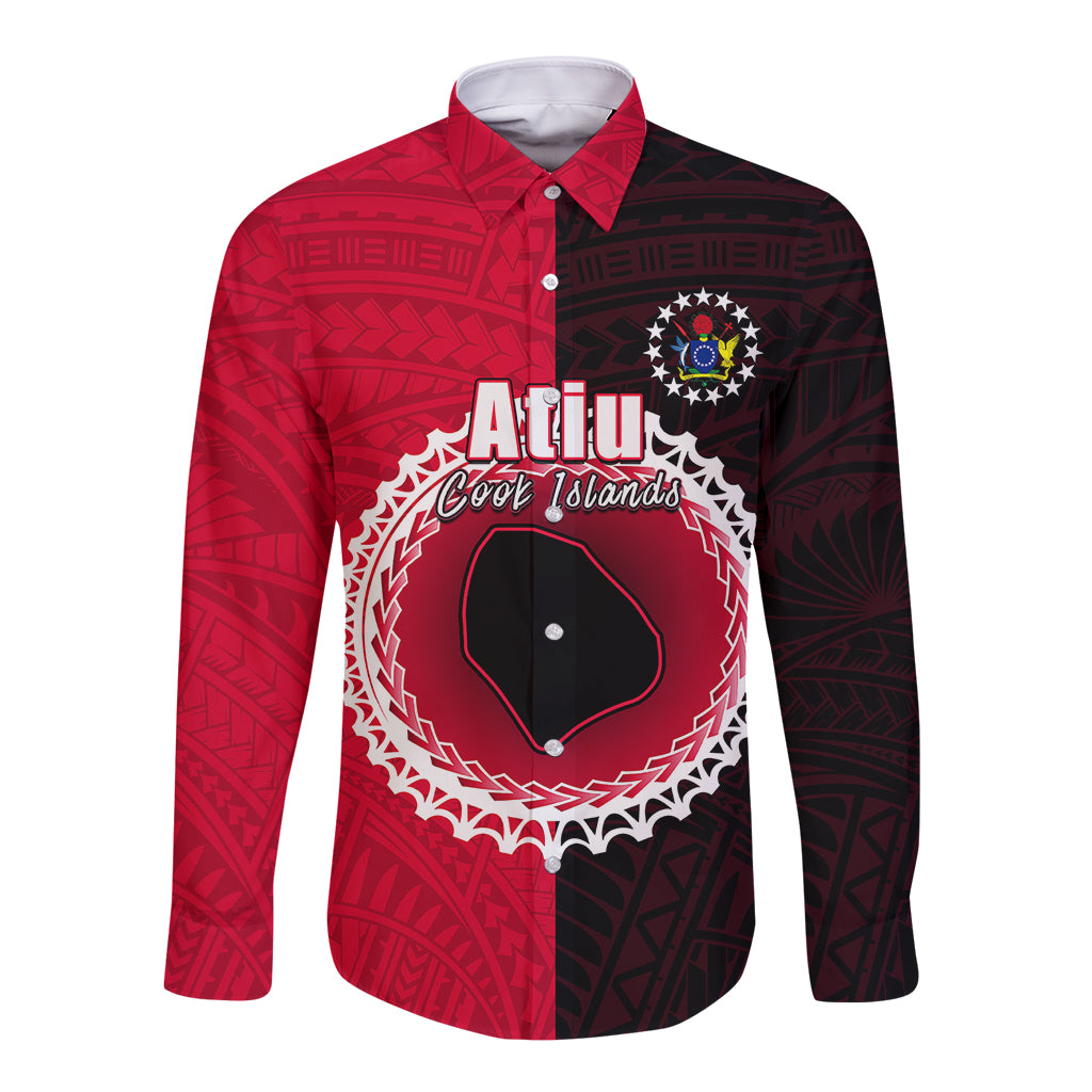 Red and black long sleeve button shirt with round emblem and logo at chest