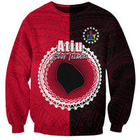 Unisex crewneck sweatshirt with red and black half-panel design and Atiu emblem front print