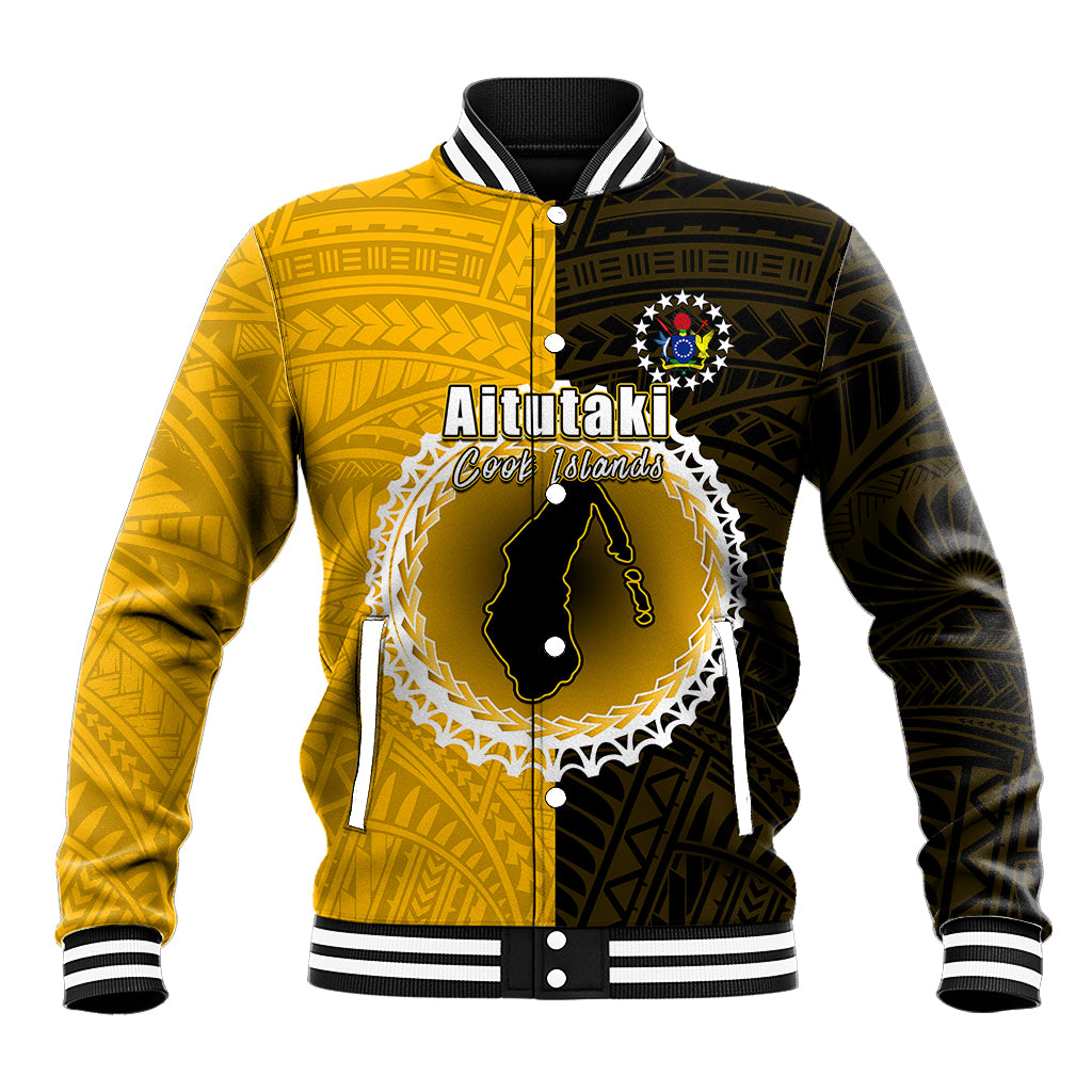 Half yellow and black baseball jacket with ribbed collar, striped cuffs, front island graphic