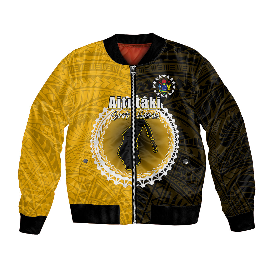 Two-tone bomber jacket with zip front, ribbed cuffs, and large circular tribal graphic