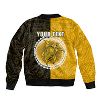 Back view bomber jacket with large circle bird emblem, two-tone panels, ribbed hem and cuffs
