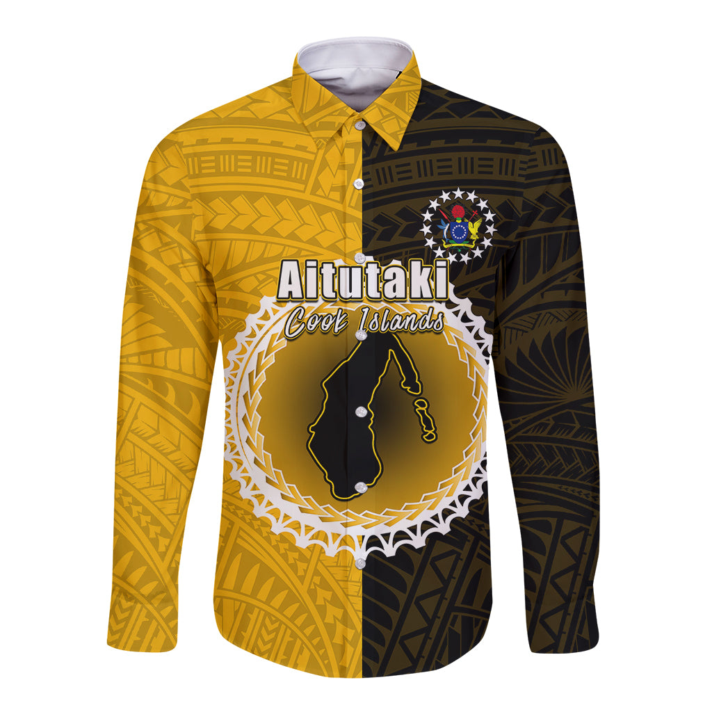 Yellow and black long-sleeve button shirt with front graphic crest and patterned sleeves