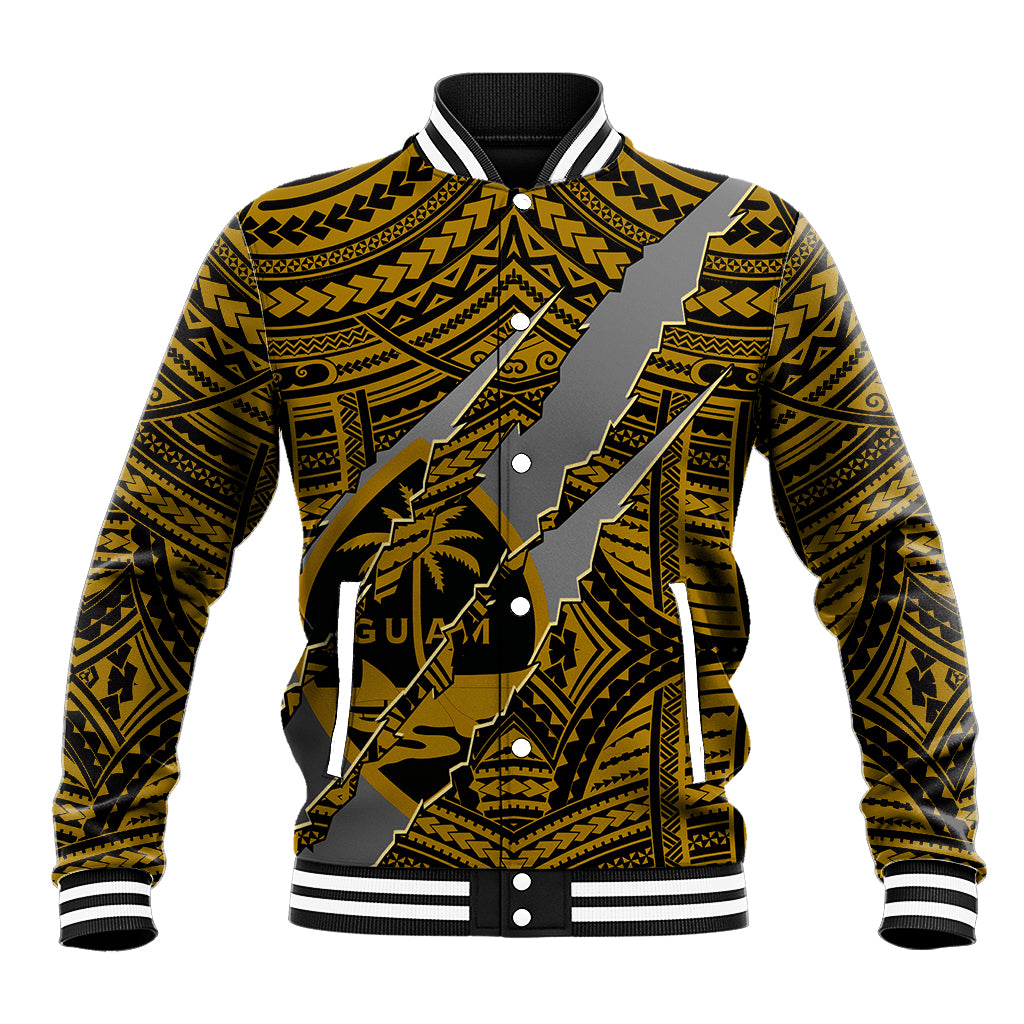 Gold and black patterned varsity baseball jacket with striped ribbed collar and cuffs