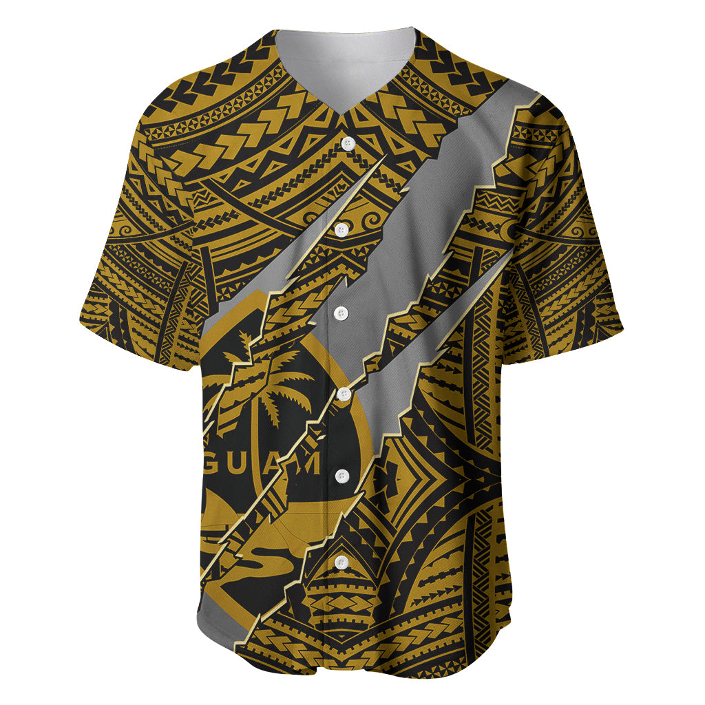 Gold and dark geometric Polynesian baseball jersey with button placket and spread collar