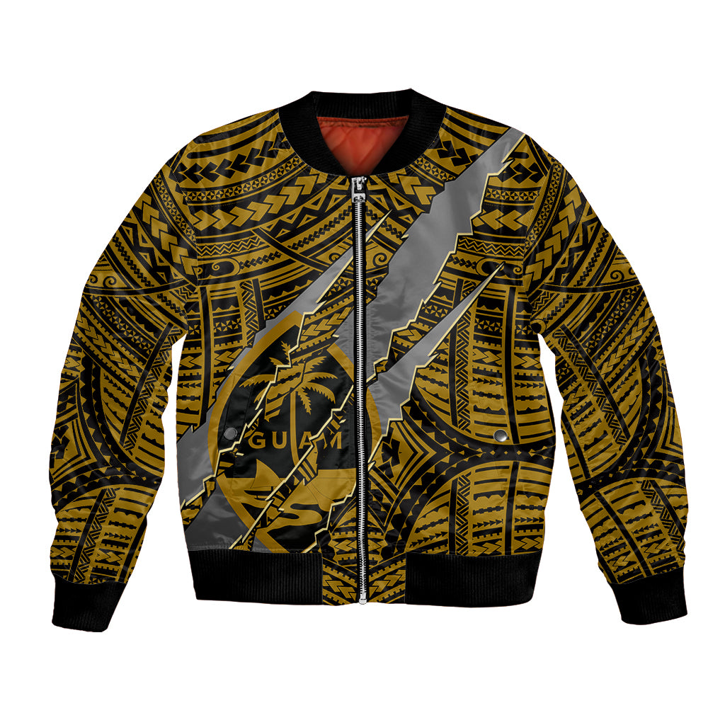 Gold bomber jacket with black ribbed trim, front zipper, bold claw-style tribal print
