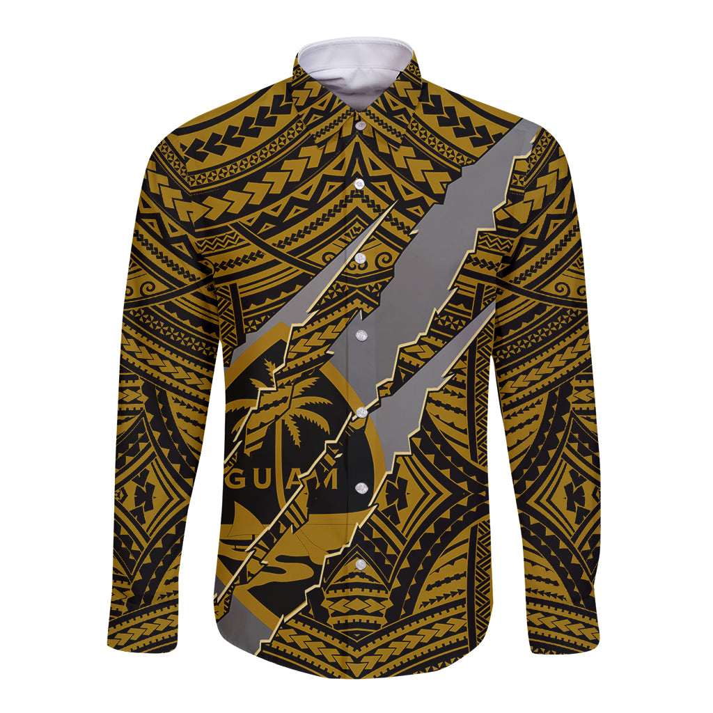 Long-sleeve button shirt, gold and dark tribal print with chest graphic