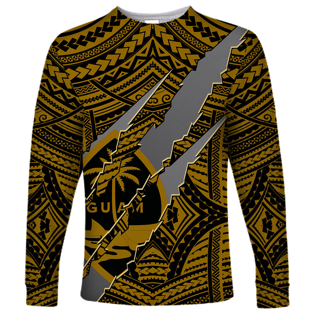 Gold unisex long-sleeve shirt with tribal geometric pattern and claw coat-of-arms graphic
