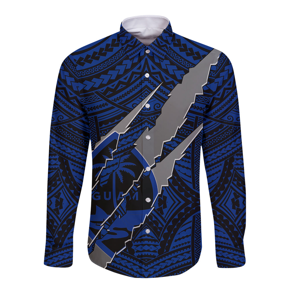 Blue long-sleeve button shirt with tribal pattern and coat-of-arms claw graphic
