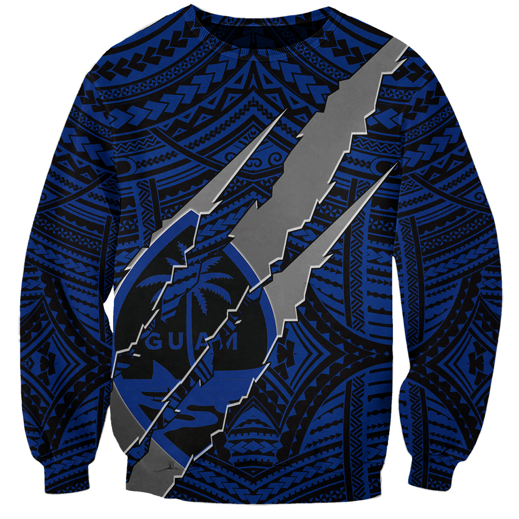 Unisex blue sweatshirt with bold tribal pattern and claw-style coat of arms graphic.