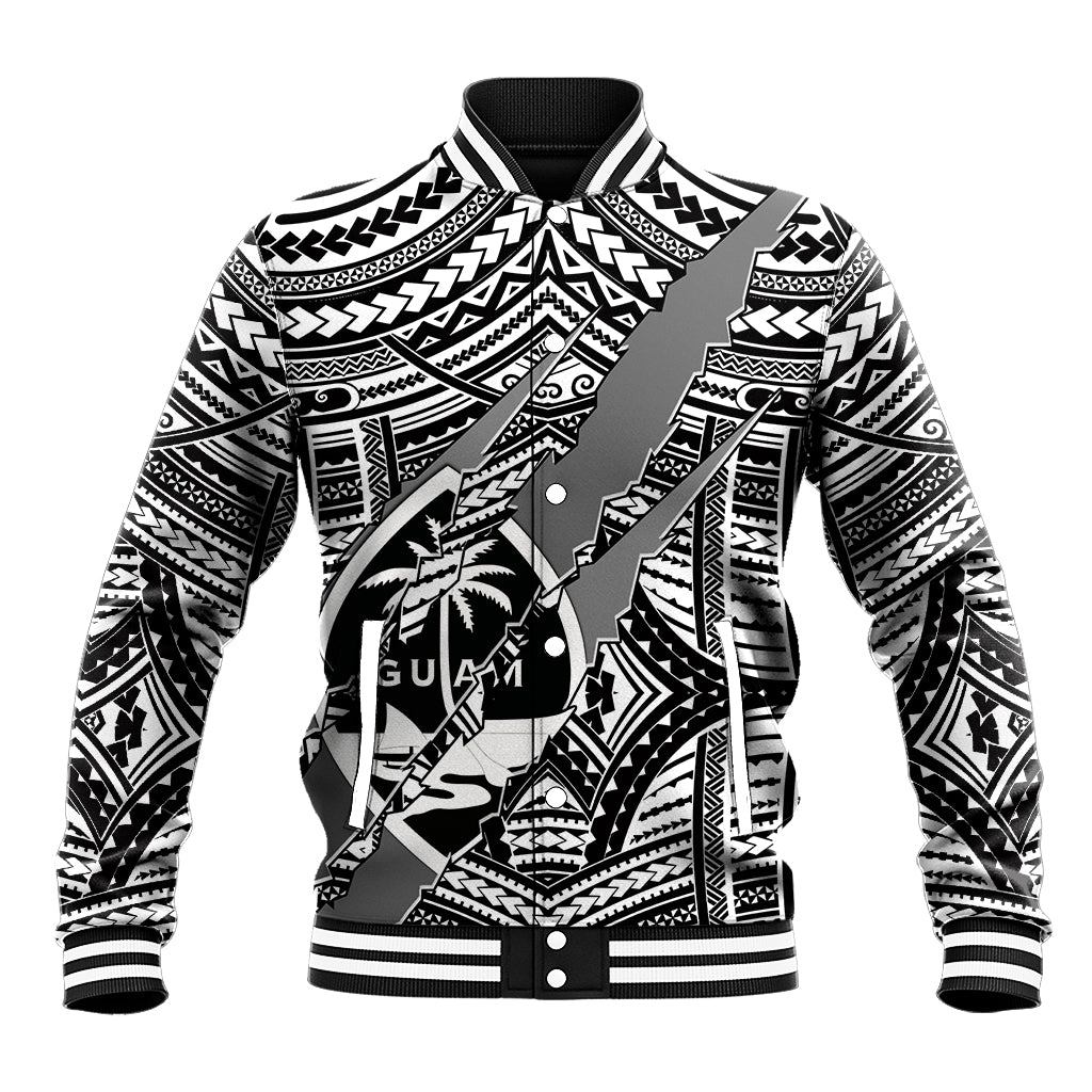 White baseball jacket with black tribal print, snap front, ribbed collar and cuffs