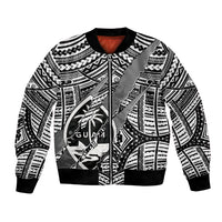 White bomber jacket with black tribal print, ribbed collar and cuffs, front zip