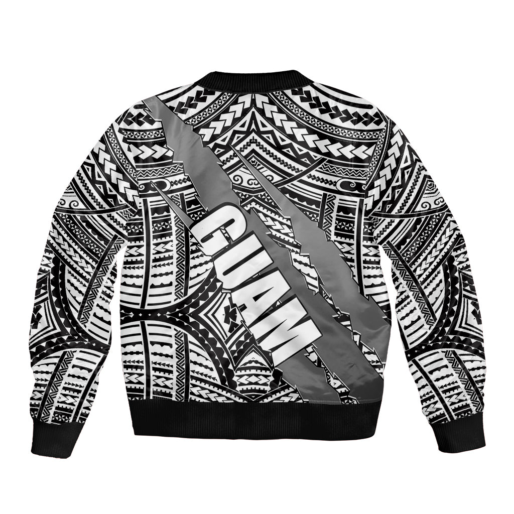 Black-and-white bomber jacket with tribal pattern, front zip, ribbed hem and cuffs