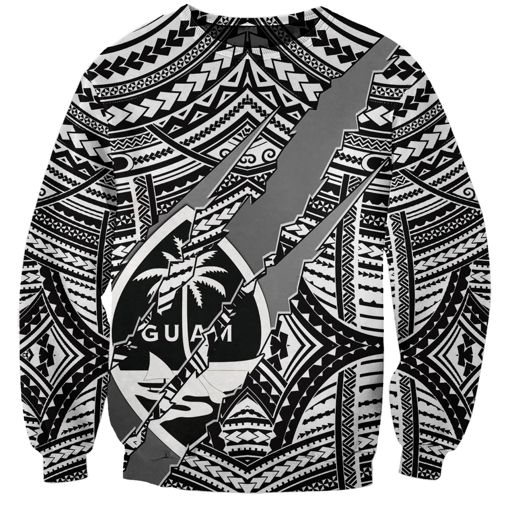 Crewneck sweatshirt in white with black tribal print and Guam coat of arms graphic