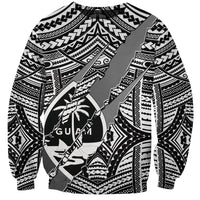 Crewneck sweatshirt in white with black tribal print and Guam coat of arms graphic