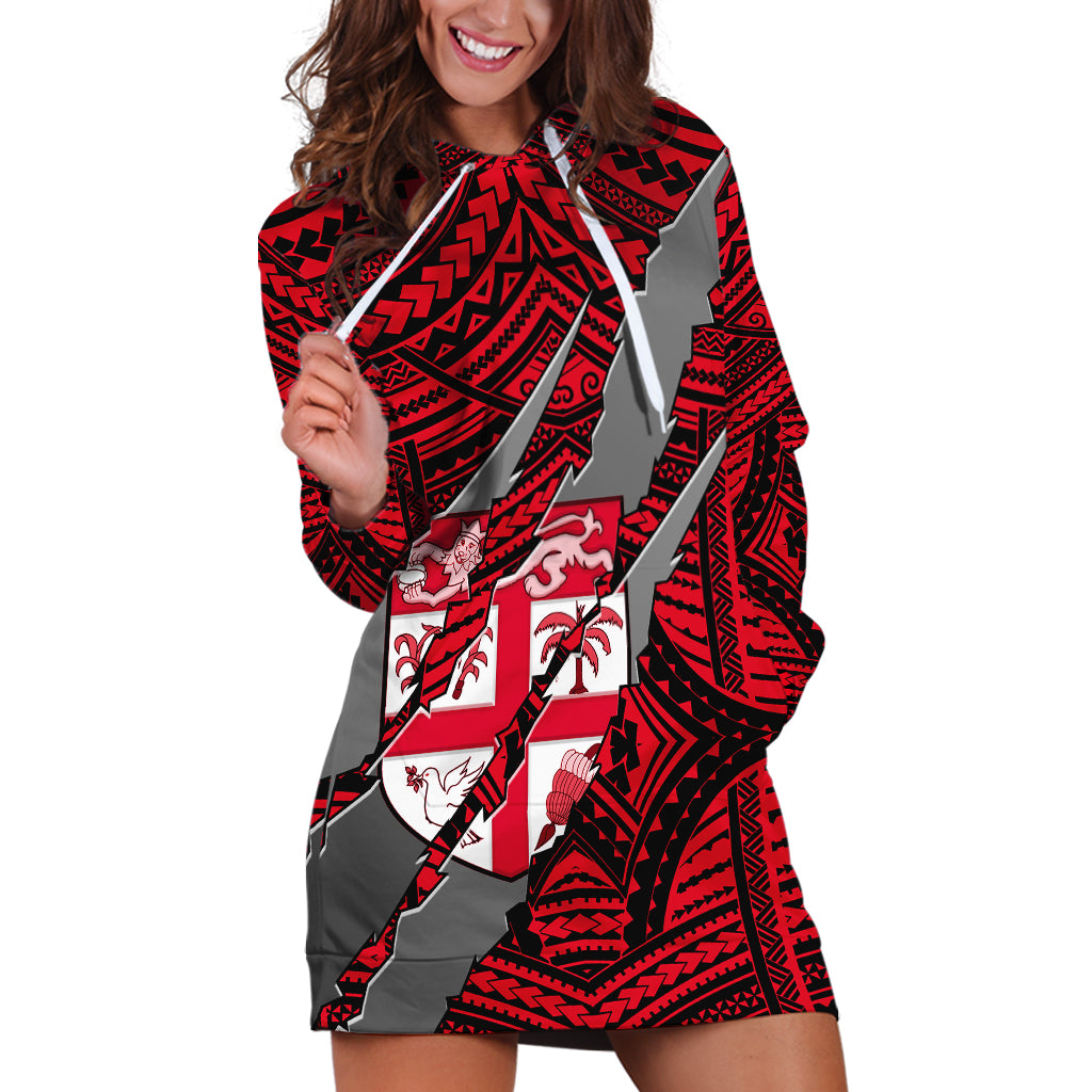 Polynesian Fiji Hoodie Dress with Coat Of Arms Claws Style - Red LT6 - Wonder Print Shop