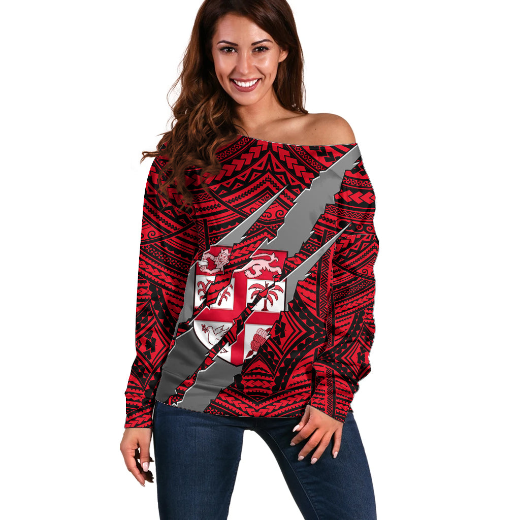 Polynesian Fiji Off Shoulder Sweater with Coat Of Arms Claws Style - Red LT6 - Wonder Print Shop