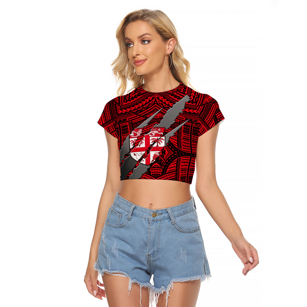 Polynesian Fiji Raglan Cropped T Shirt with Coat Of Arms Claws Style - Red LT6 - Wonder Print Shop