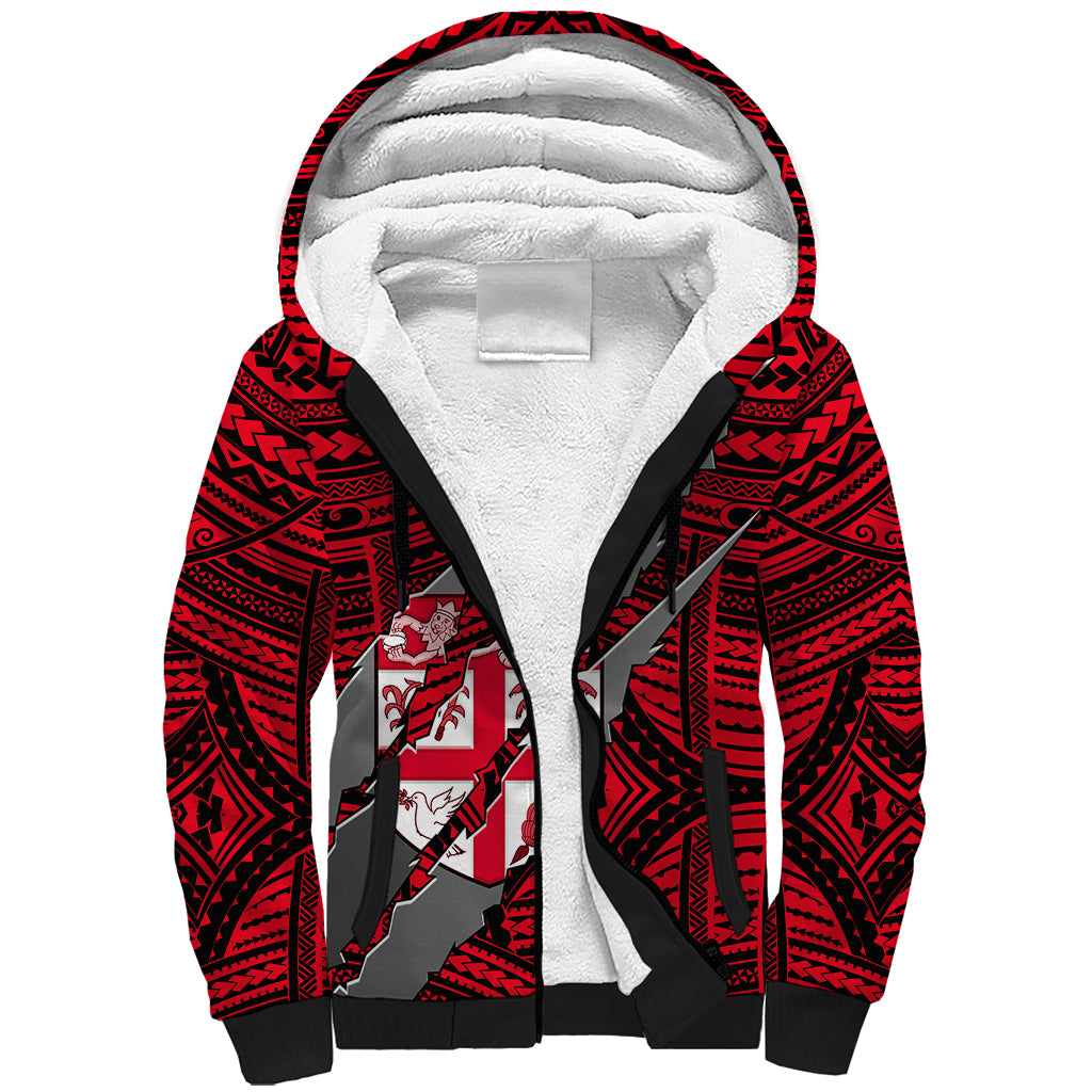 Polynesian Fiji Sherpa Hoodie with Coat Of Arms Claws Style - Red LT6 - Wonder Print Shop