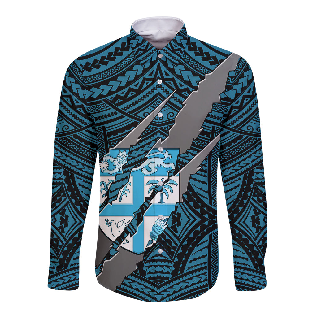 Polynesian Fiji Long Sleeve Button Shirt with Coat Of Arms Claws Style - Blue LT6 - Wonder Print Shop