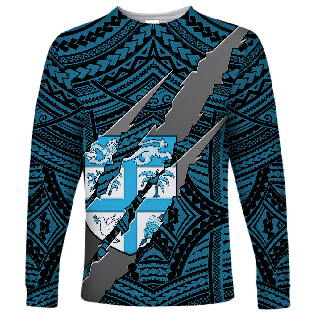 Polynesian Fiji Long Sleeve Shirt with Coat Of Arms Claws Style - Blue LT6 - Wonder Print Shop