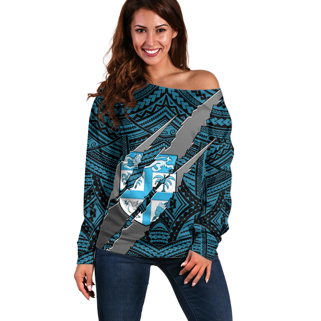 Polynesian Fiji Off Shoulder Sweater with Coat Of Arms Claws Style - Blue LT6 - Wonder Print Shop