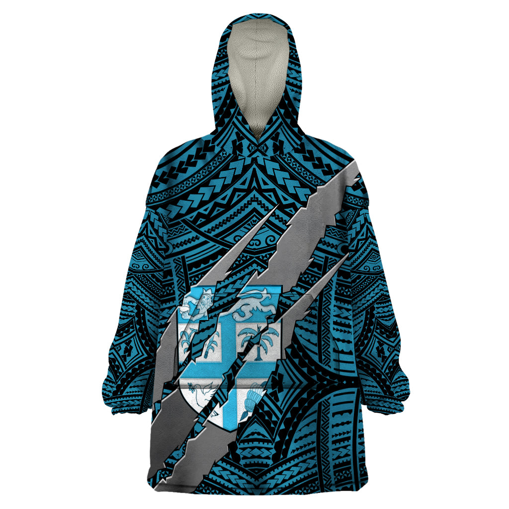 Polynesian Fiji Wearable Blanket Hoodie with Coat Of Arms Claws Style - Blue LT6 - Wonder Print Shop