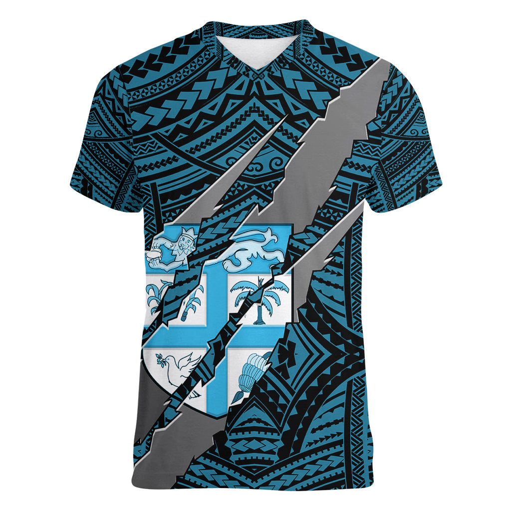 Polynesian Fiji Women V Neck T Shirt with Coat Of Arms Claws Style - Blue LT6 - Wonder Print Shop