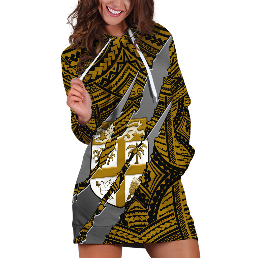 Polynesian Fiji Hoodie Dress with Coat Of Arms Claws Style - Gold LT6 - Wonder Print Shop