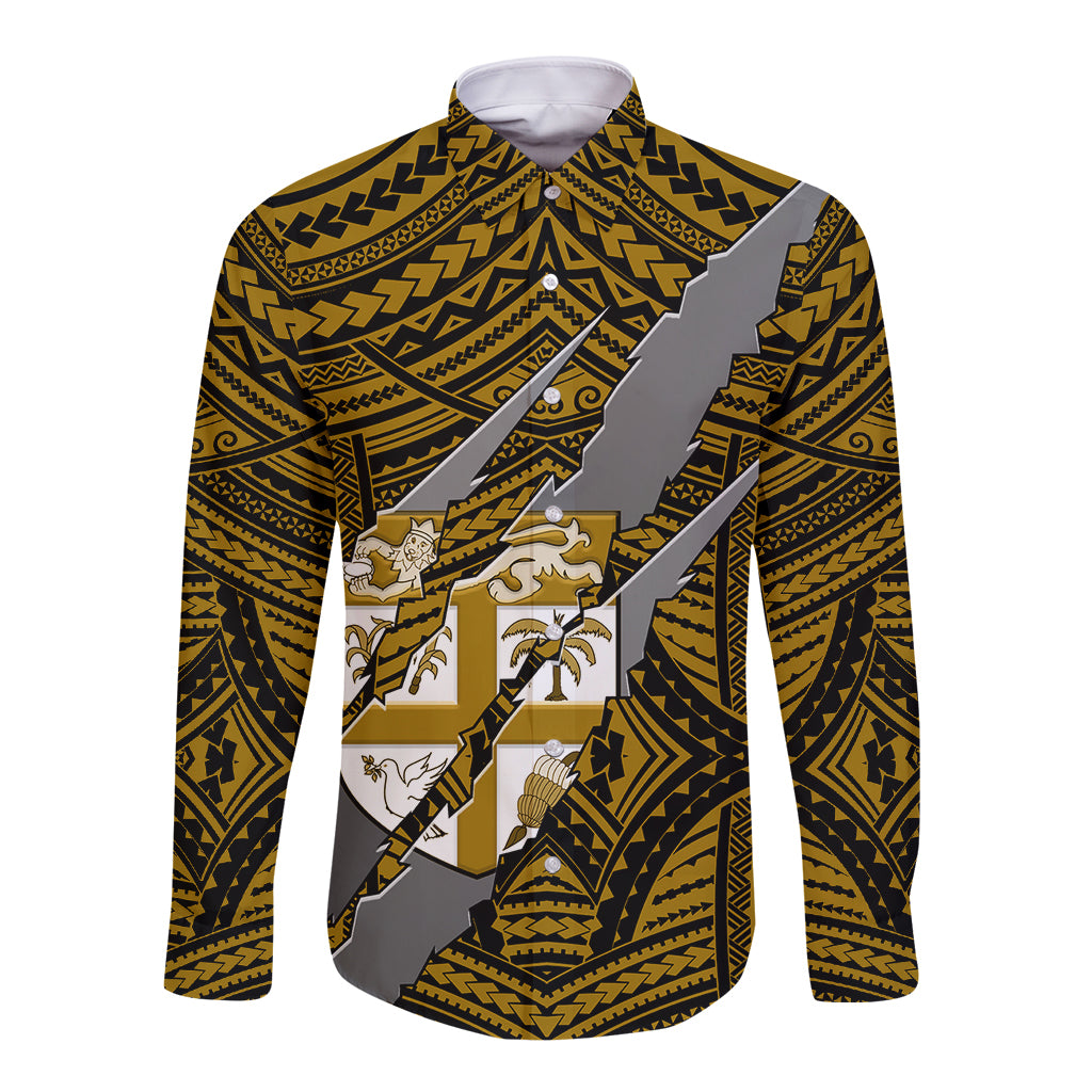 Polynesian Fiji Long Sleeve Button Shirt with Coat Of Arms Claws Style - Gold LT6 - Wonder Print Shop