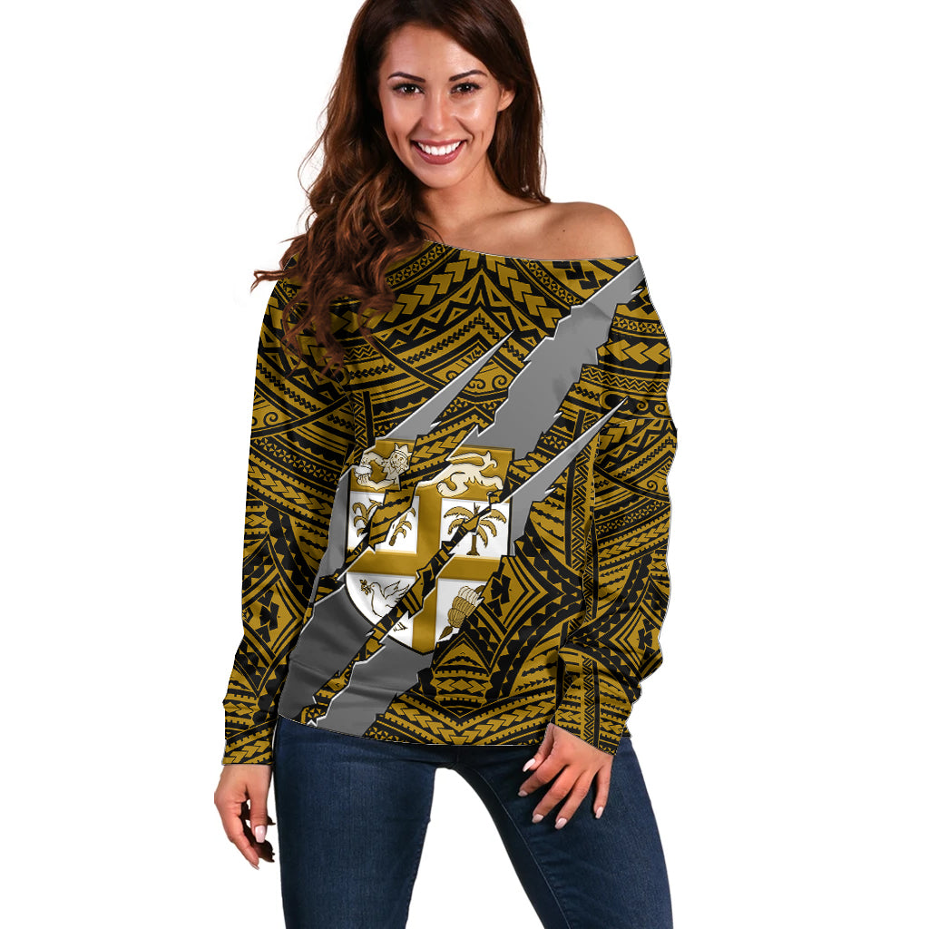 Polynesian Fiji Off Shoulder Sweater with Coat Of Arms Claws Style - Gold LT6 - Wonder Print Shop