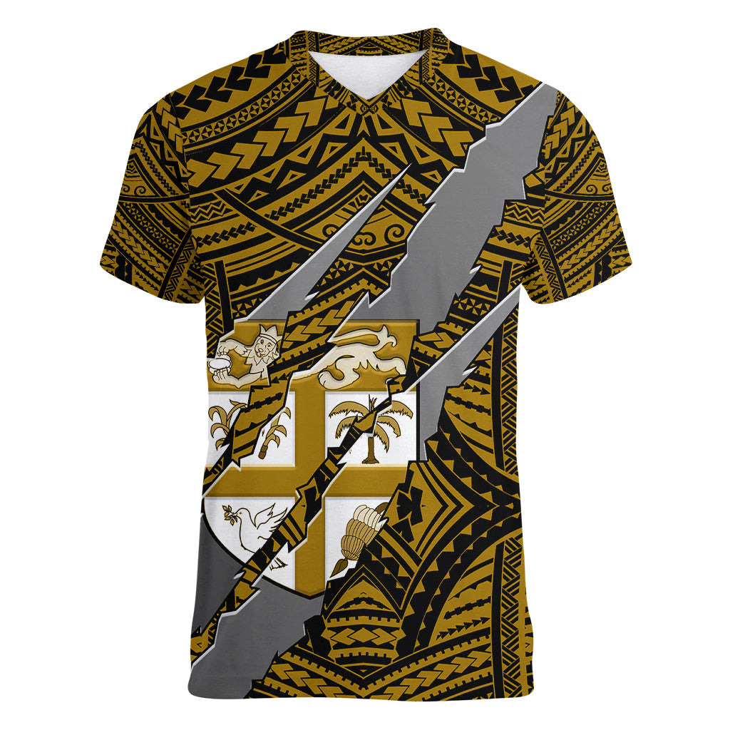 Polynesian Fiji Women V Neck T Shirt with Coat Of Arms Claws Style - Gold LT6 - Wonder Print Shop