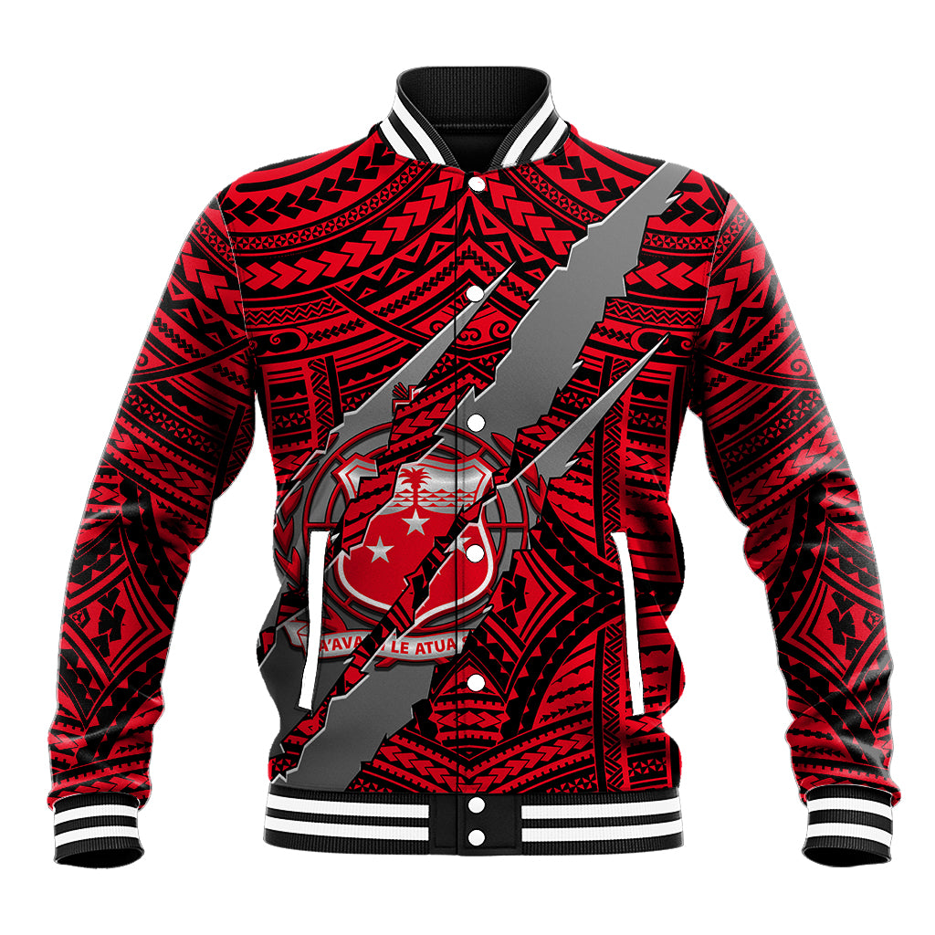 Red baseball jacket with striped rib collar and tribal claw graphic front