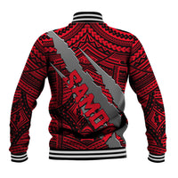Red baseball jacket back with tribal pattern, striped rib cuffs and bold claw graphic