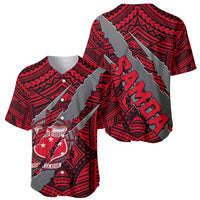 Red baseball jersey front with tribal print and coat-of-arms claws badge