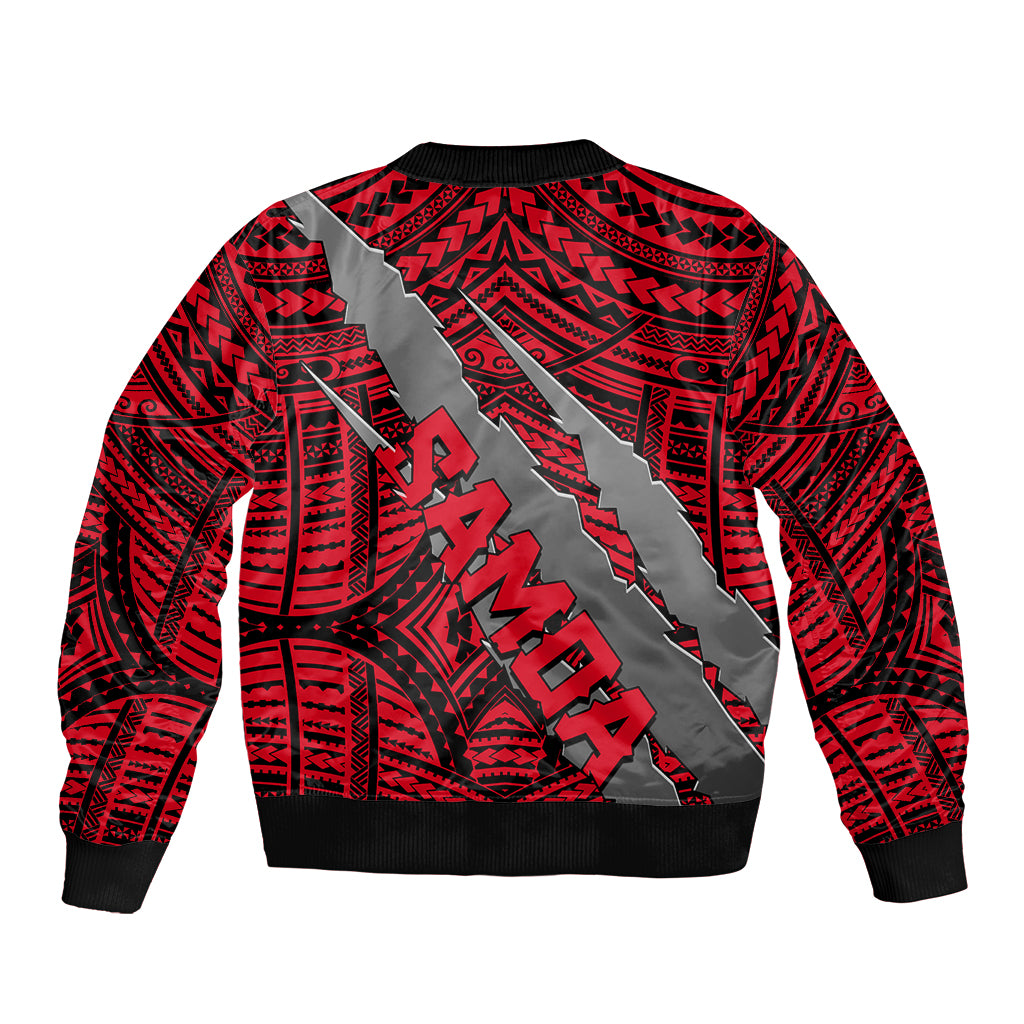 Red bomber jacket back view with black ribbed trim, large claw and emblem print